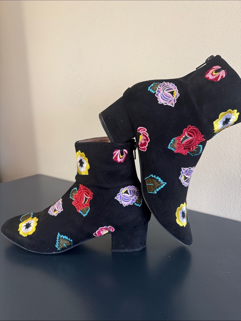Betsey Johnson Black Ankle Boots with Multicolor Floral Embroidery
